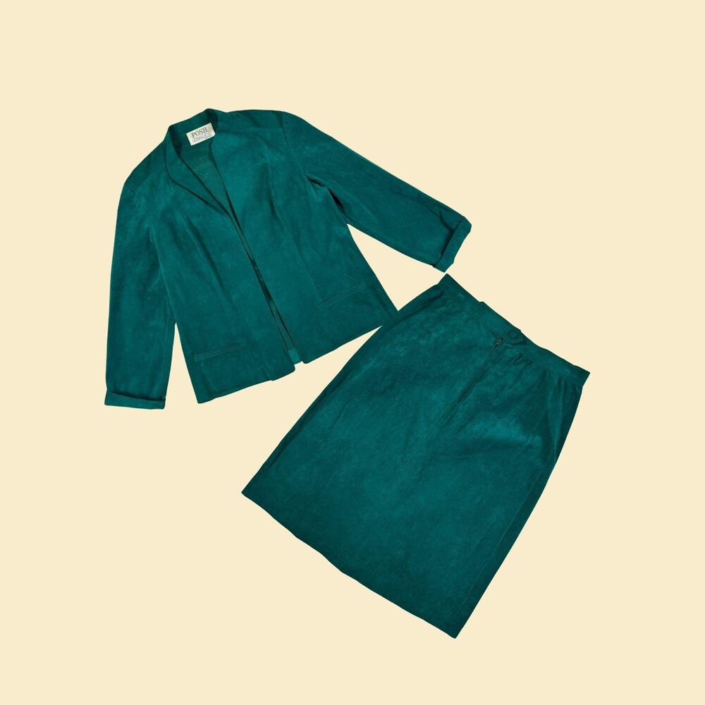 1970s faux-suede skirt suit by Posh Ultrasuede, size 16 vintage green set